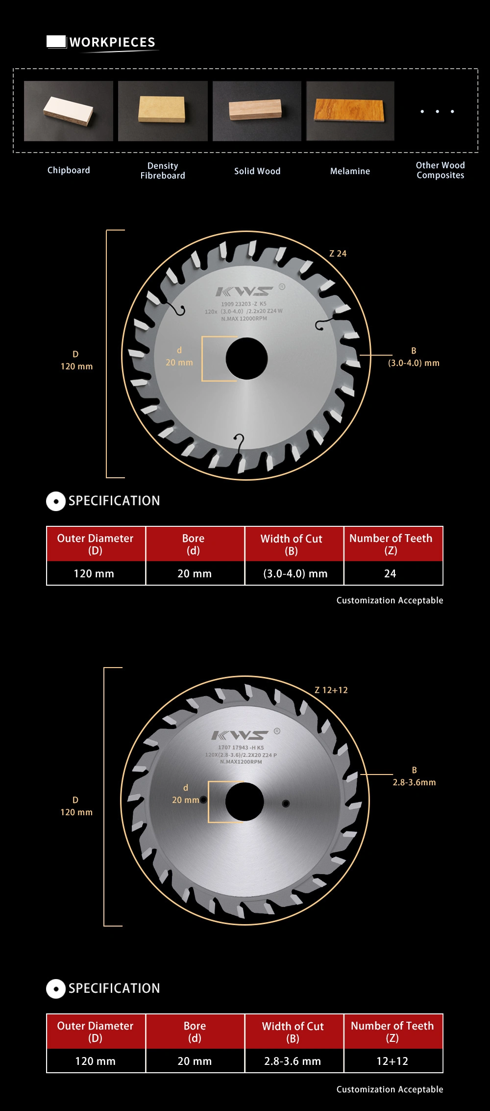 Kws Saw Blade for Wood Composites Panel Sizing Saw Conical Diamond Scoring Saw Blade for CNC Woodworking Machinery Part Kdt